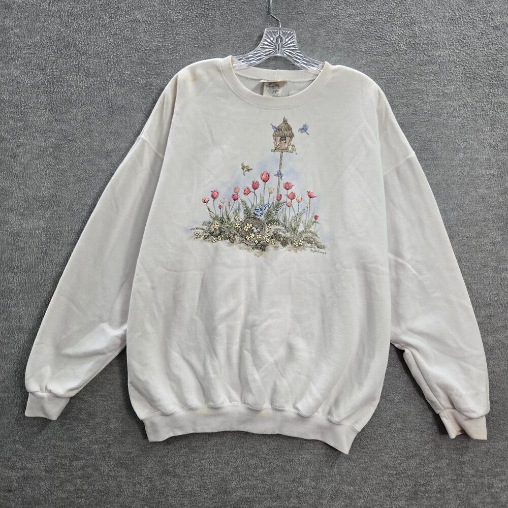 VINTAGE‎ Northern Reflections Men Sweatshirts XL White Garden Birds Graphic 90s